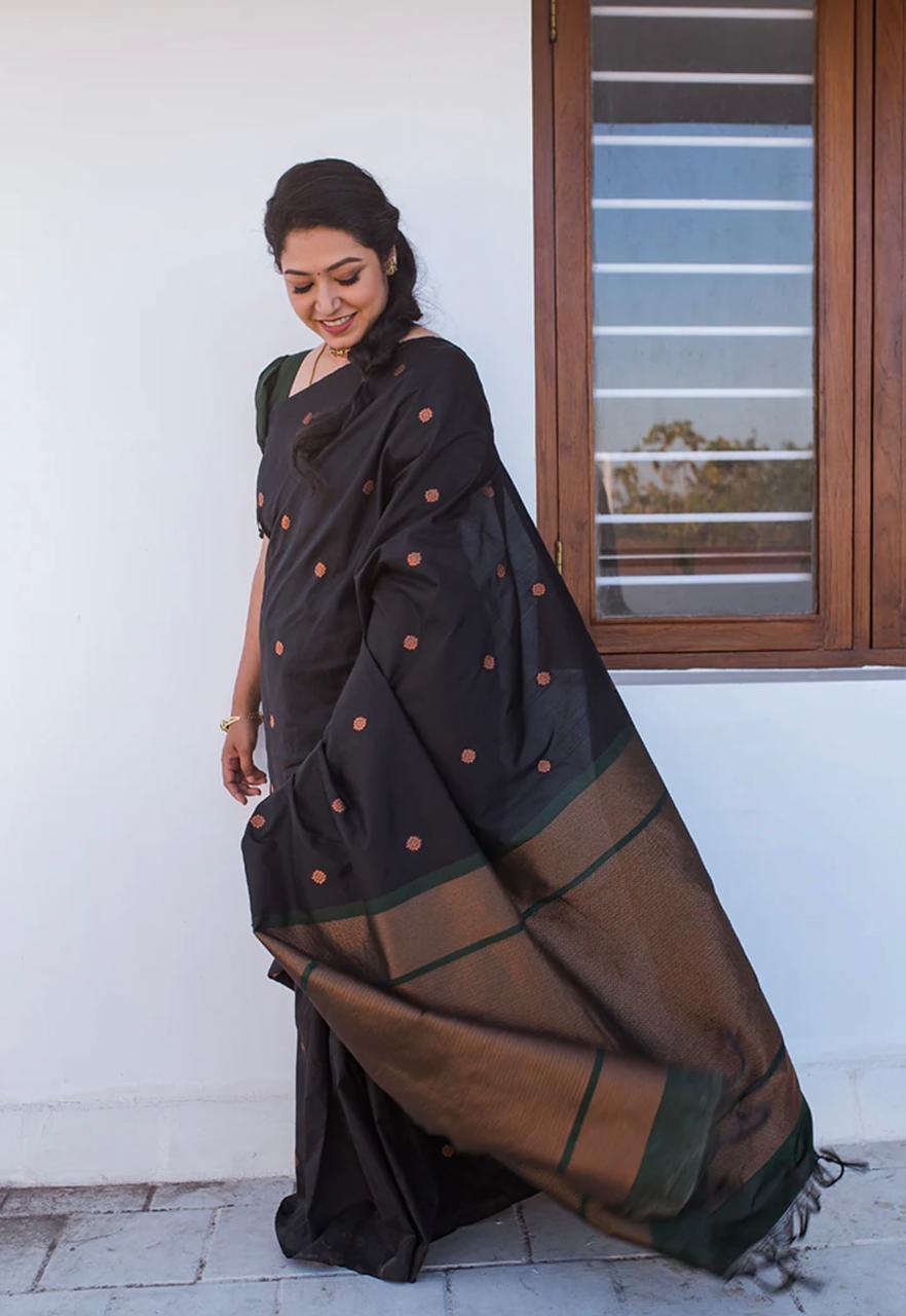 Gleaming Black Color Soft Lichi Silk Saree With Blouse Piece