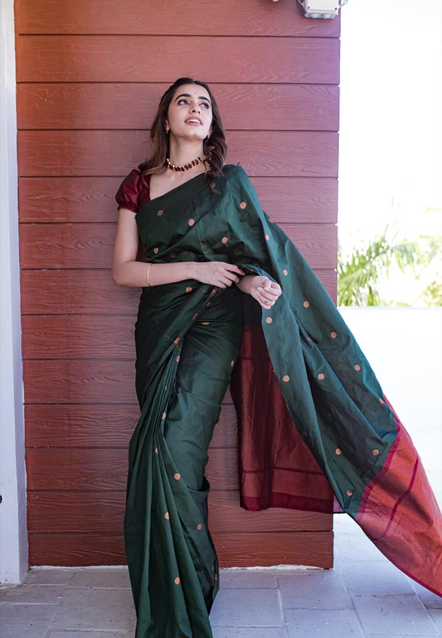 Exotic Dark Green Color Soft Lichi Silk Saree With Blouse Piece