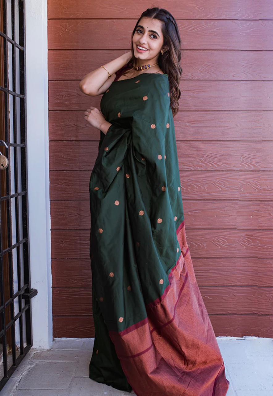 Exotic Dark Green Color Soft Lichi Silk Saree With Blouse Piece