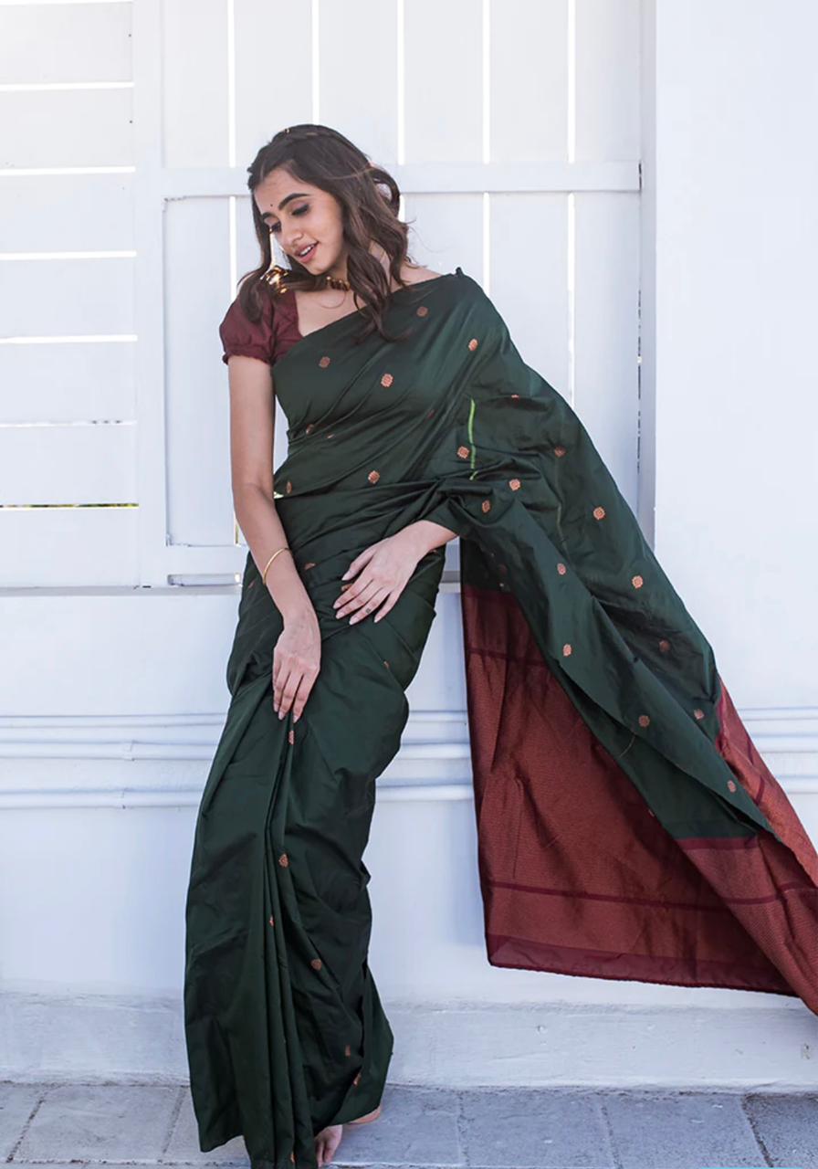 Exotic Dark Green Color Soft Lichi Silk Saree With Blouse Piece