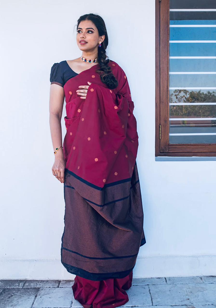 Radiating Wine Color Soft Lichi Silk Saree With Blouse Piece