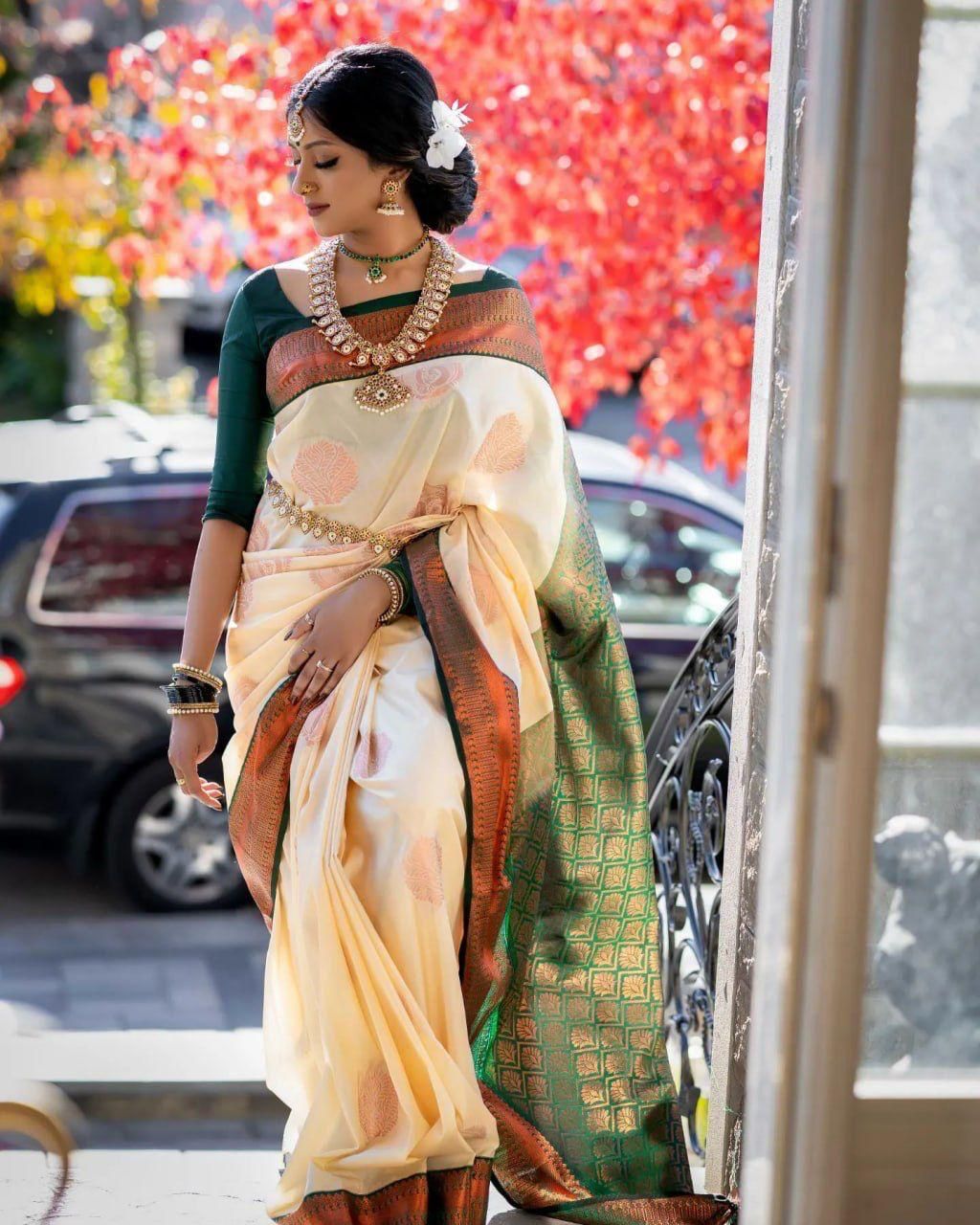 Stylish Beige Color Soft Lichi Silk Saree With Blouse Piece