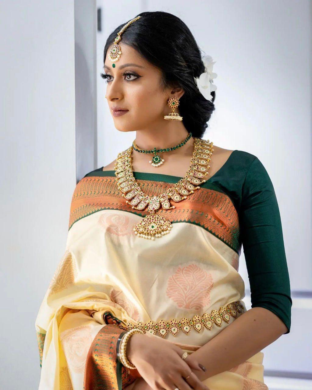 Stylish Beige Color Soft Lichi Silk Saree With Blouse Piece