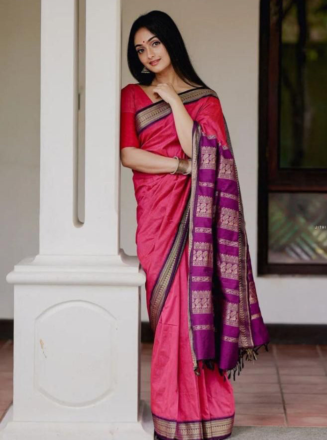 Crystalline Pink Color Banarasi Soft Silk Saree With Blouse Piece