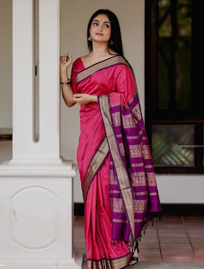 Crystalline Pink Color Banarasi Soft Silk Saree With Blouse Piece