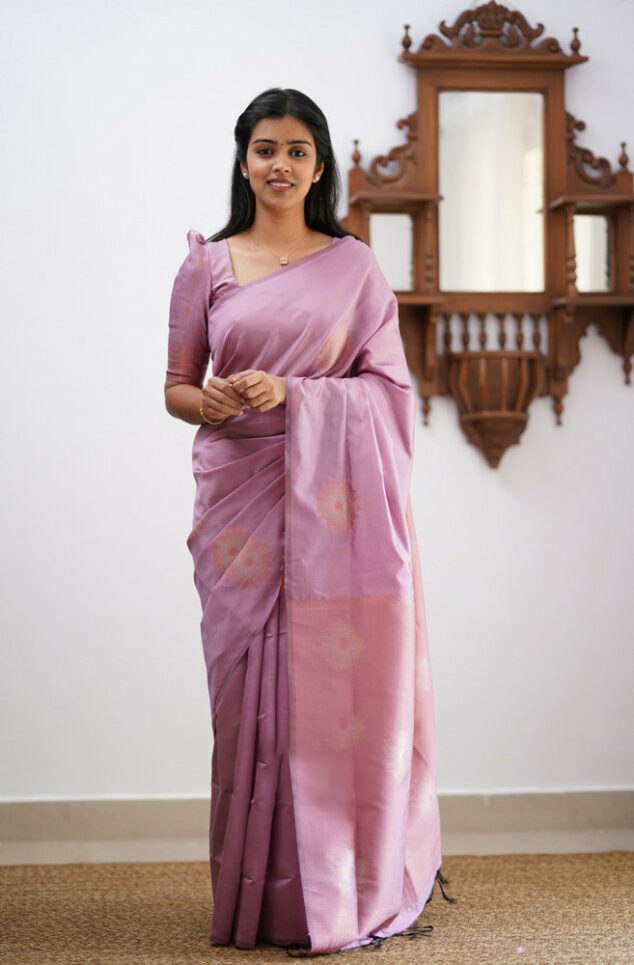 Dazzling Baby Pink Color Soft Lichi Silk Saree With Blouse Piece