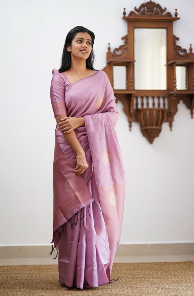 Dazzling Baby Pink Color Soft Lichi Silk Saree With Blouse Piece