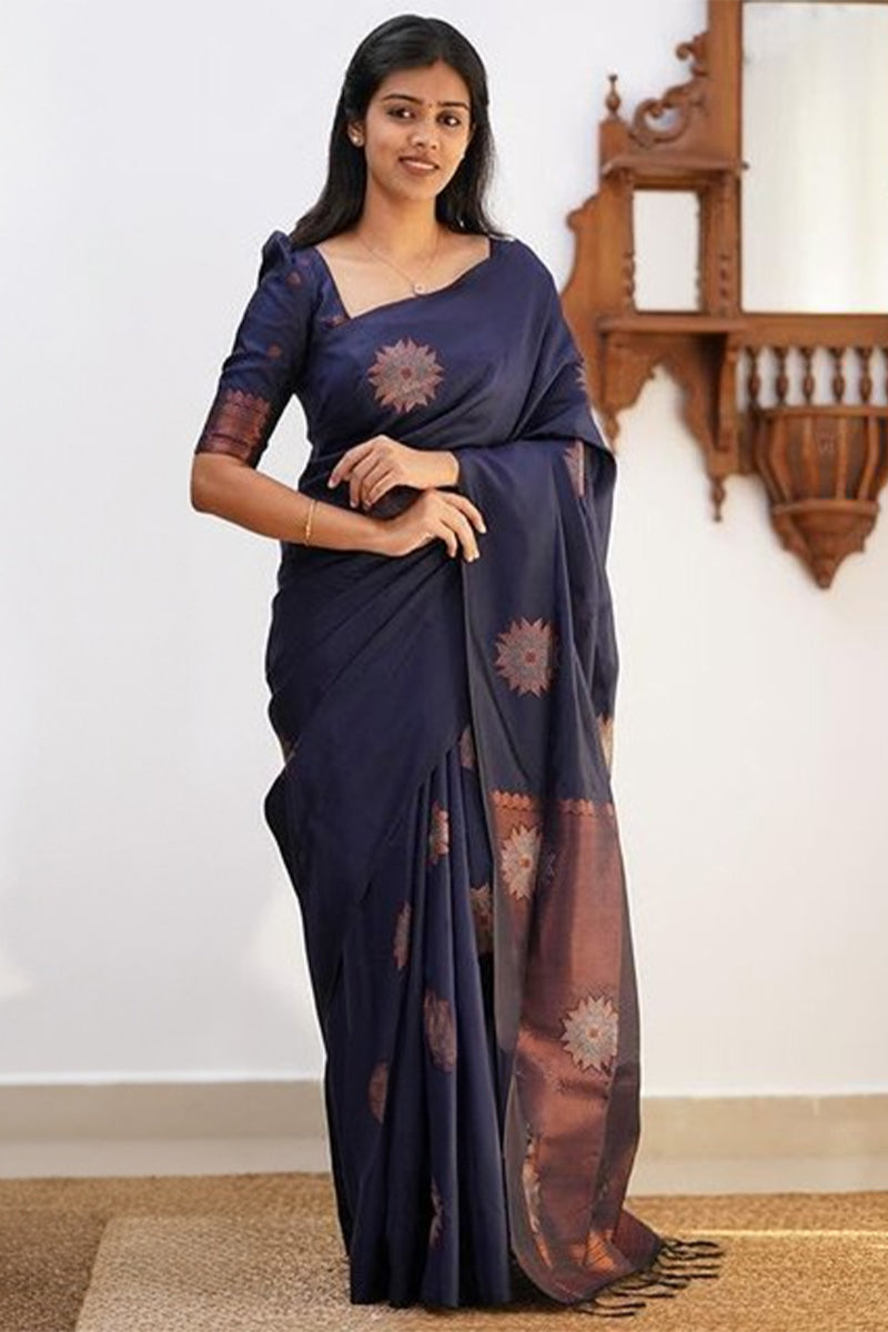 Alluring Navy Blue Color Soft Lichi Silk Saree With Blouse Piece