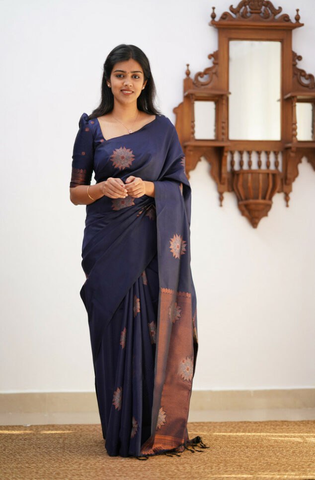 Alluring Navy Blue Color Soft Lichi Silk Saree With Blouse Piece