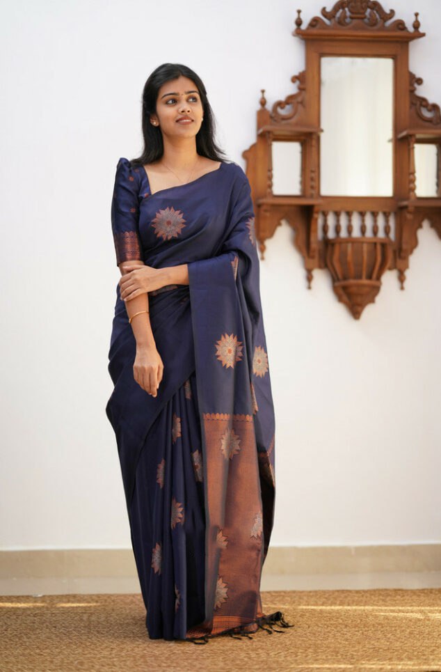 Alluring Navy Blue Color Soft Lichi Silk Saree With Blouse Piece