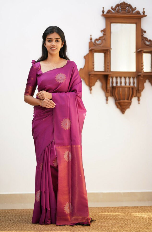 Exciting Purple Color Soft Lichi Silk Saree With Blouse Piece