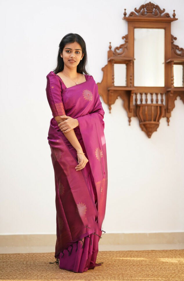 Exciting Purple Color Soft Lichi Silk Saree With Blouse Piece