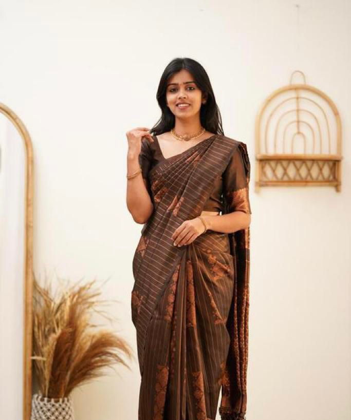 Divine Brown Color Soft Lichi Silk Saree With Blouse Piece