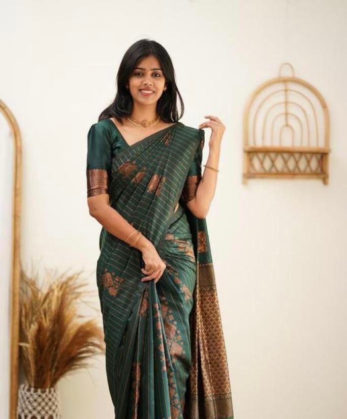 Ethereal Dark Green Color Soft Lichi Silk Saree With Blouse Piece