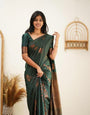 Ethereal Dark Green Color Soft Lichi Silk Saree With Blouse Piece