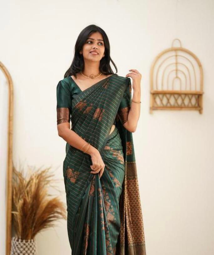 Ethereal Dark Green Color Soft Lichi Silk Saree With Blouse Piece