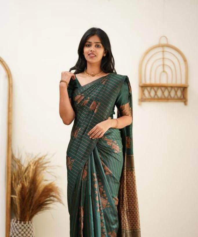 Ethereal Dark Green Color Soft Lichi Silk Saree With Blouse Piece