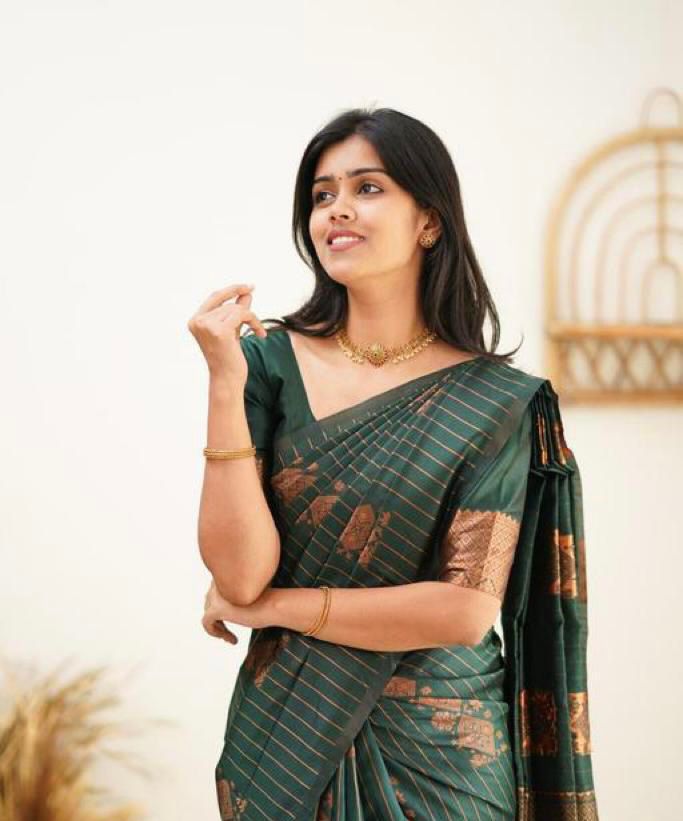 Ethereal Dark Green Color Soft Lichi Silk Saree With Blouse Piece