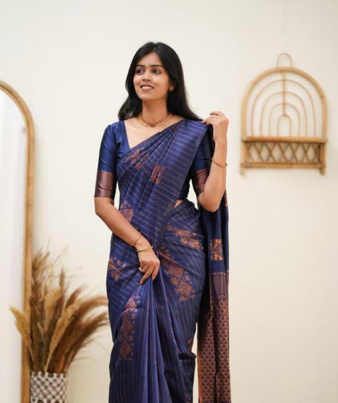 Symbiosis Navy Blue Color Soft Lichi Silk Saree With Blouse Piece