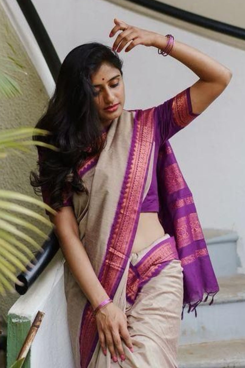 Transfixing Beige Color Soft Lichi Silk Saree With Blouse Piece