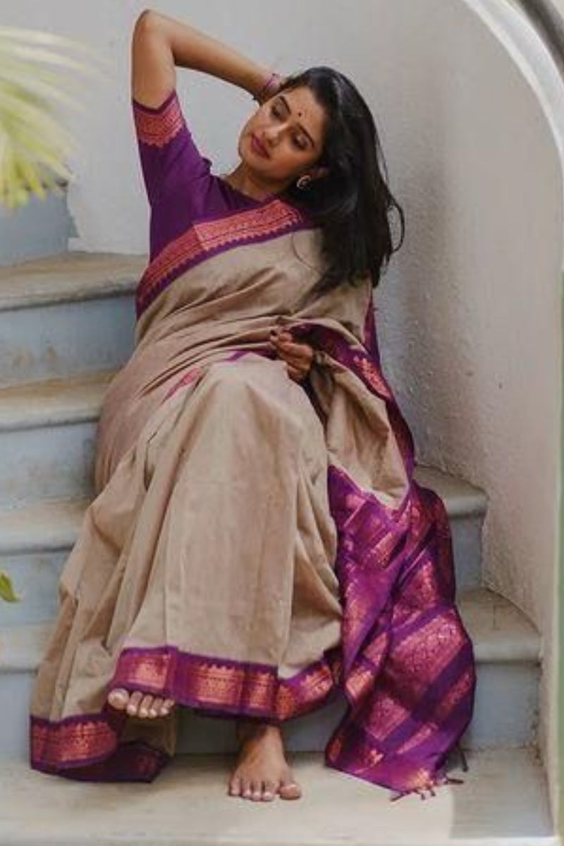 Transfixing Beige Color Soft Lichi Silk Saree With Blouse Piece