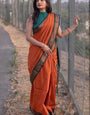 Divine Orange Color Soft Lichi Silk Saree With Blouse Piece