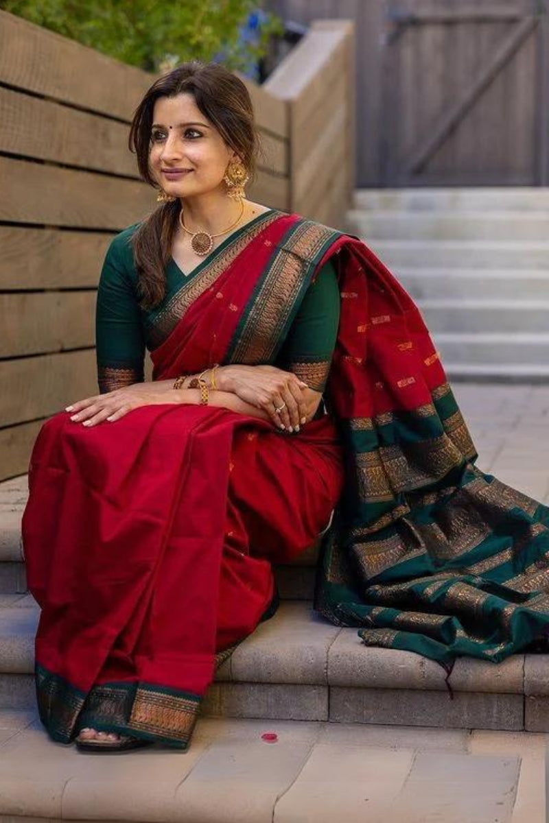 Seductive Red Color Soft Lichi Silk Saree With Blouse Piece