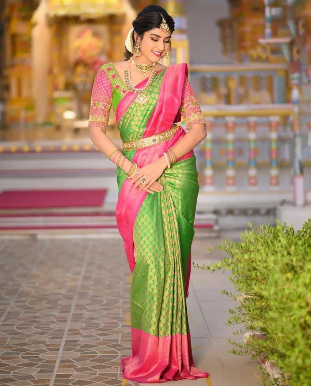 Sublime Parrot Green Color Soft Lichi Silk Saree With Blouse Piece