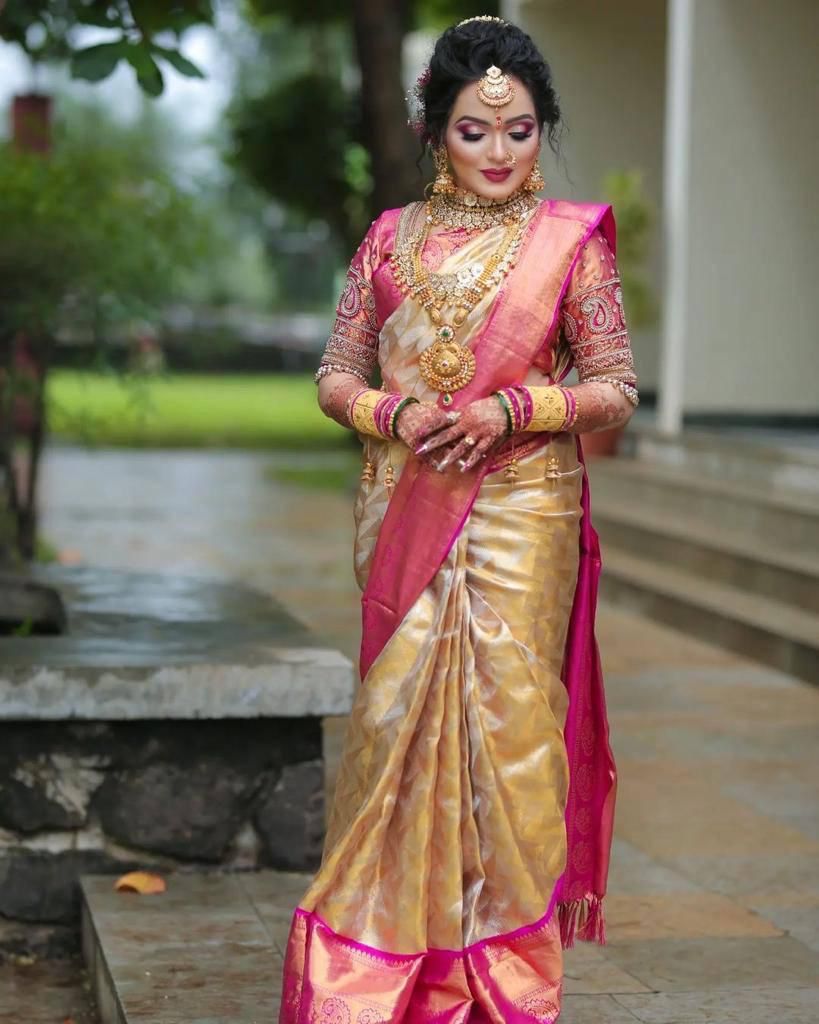 Entrancing Beige Color Soft Lichi Silk Saree With Blouse Piece