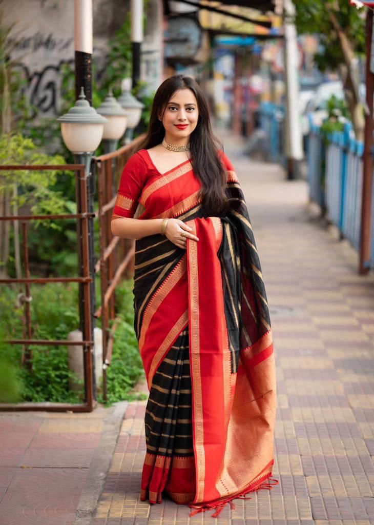 Energetic Black Color Soft Lichi Silk Saree With Blouse Piece