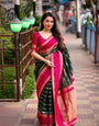 Inviting Dark Green Color Soft Lichi Silk Saree With Blouse Piece