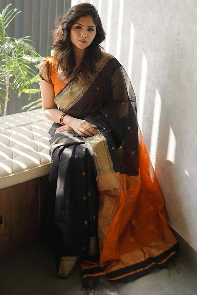 Classy Black Color Cotton Linen Silk Saree With Blouse Piece