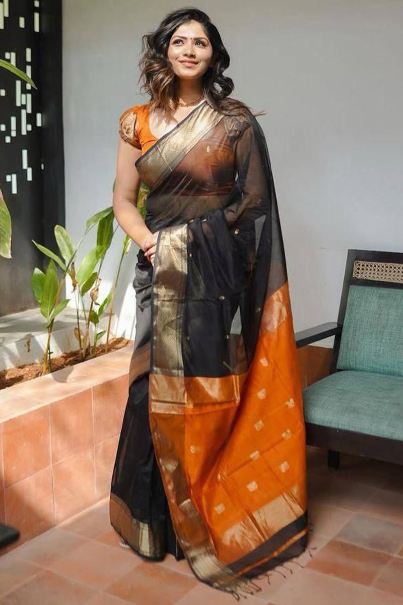 Classy Black Color Cotton Linen Silk Saree With Blouse Piece