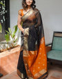 Classy Black Color Cotton Linen Silk Saree With Blouse Piece