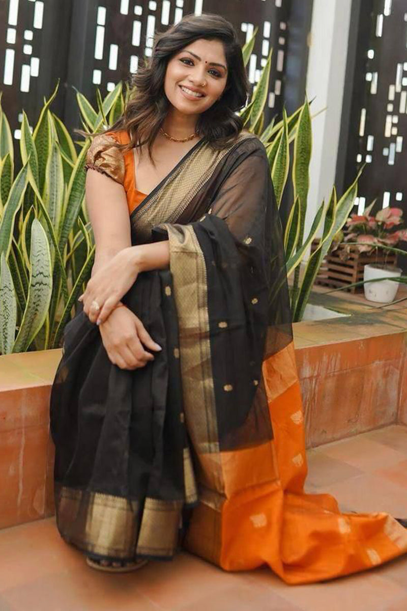 Classy Black Color Cotton Linen Silk Saree With Blouse Piece