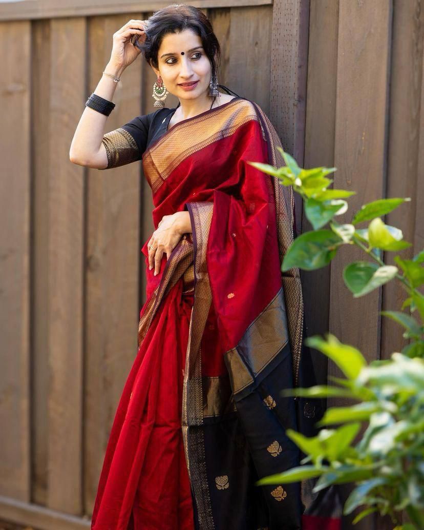 Beaming Red Color Cotton Linen Silk Saree With Blouse Piece