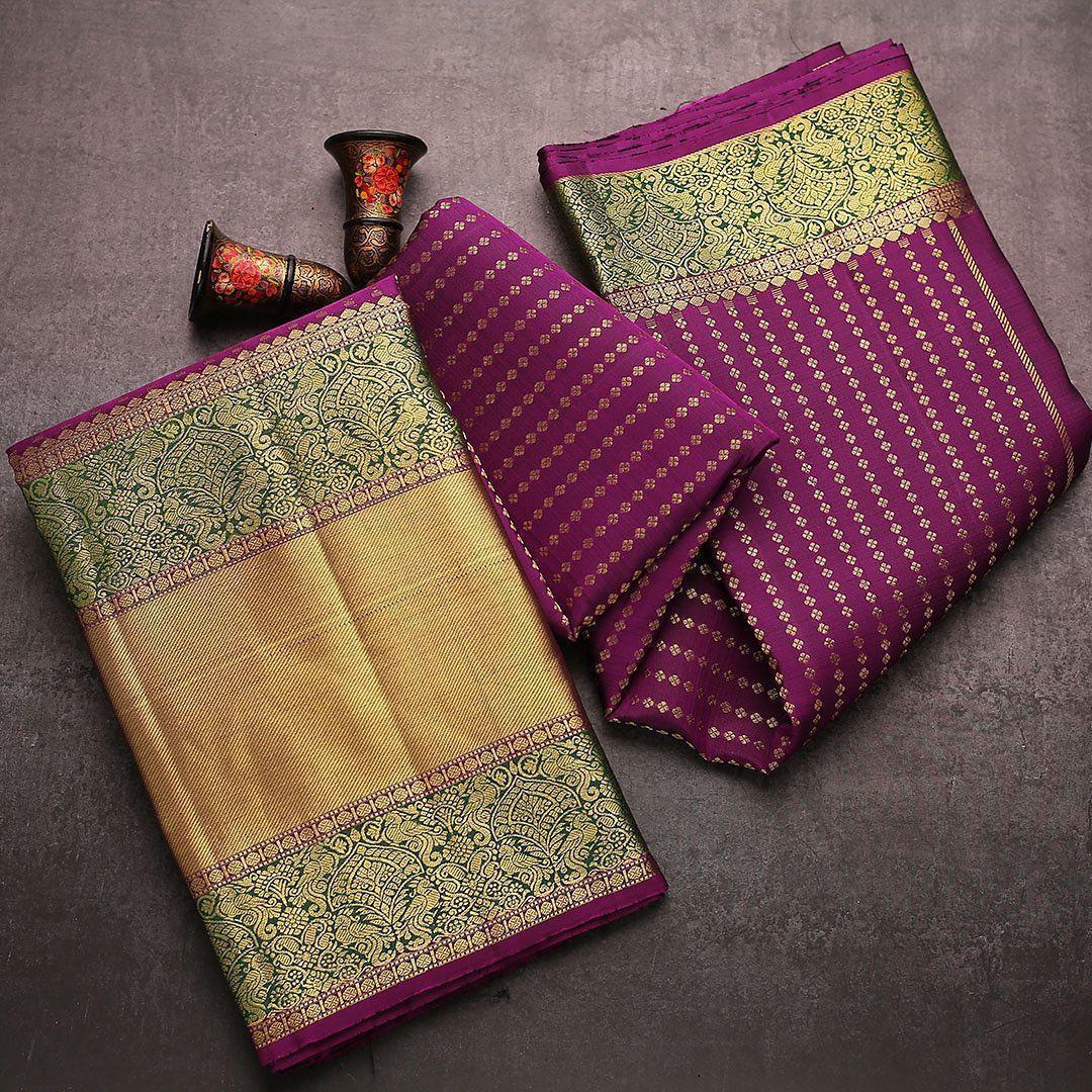 Whimsical Purple Color Banarasi Soft Silk Saree With Blouse Piece