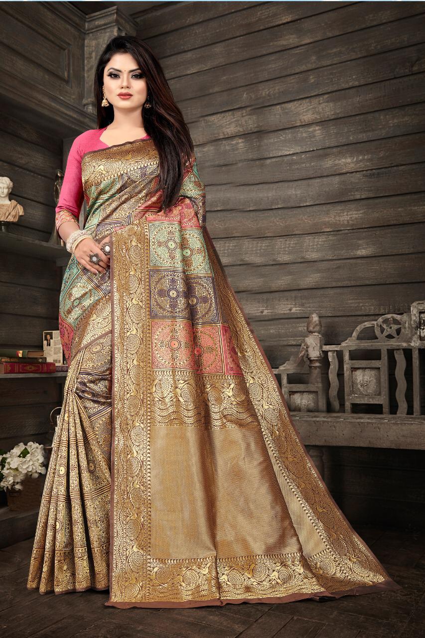 Attention Beige Color Banarasi Soft Silk Saree With Blouse Piece