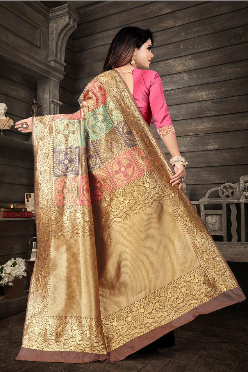 Attention Beige Color Banarasi Soft Silk Saree With Blouse Piece