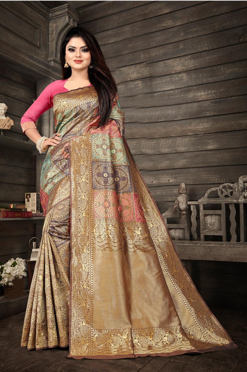 Attention Beige Color Banarasi Soft Silk Saree With Blouse Piece