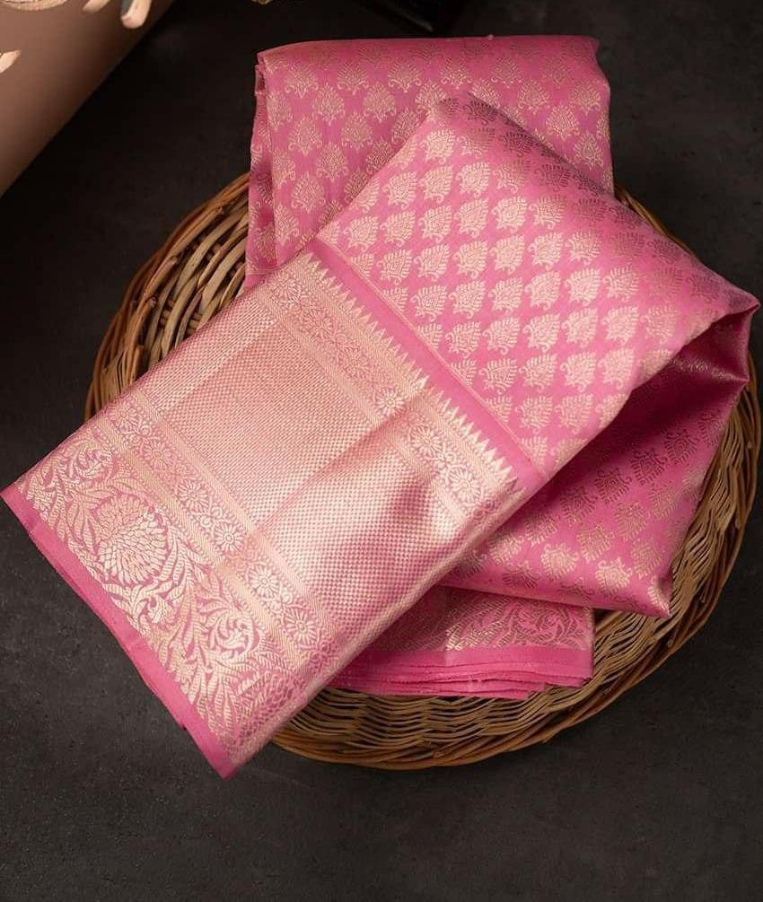 Angelic Pink Color Soft Lichi Silk Saree With Blouse Piece