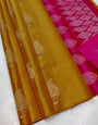 Sultry Mustard Color Soft Lichi Silk Saree With Blouse Piece