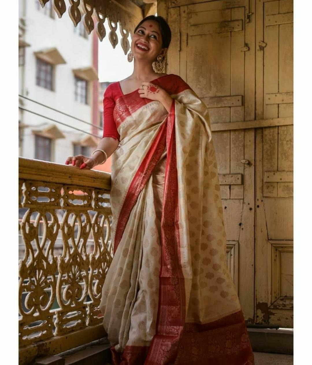 Stunning Beige Color Banarasi Soft Silk Saree With Blouse Piece