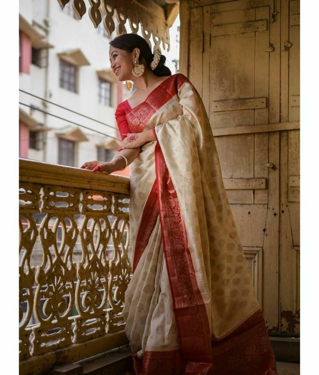 Stunning Beige Color Banarasi Soft Silk Saree With Blouse Piece