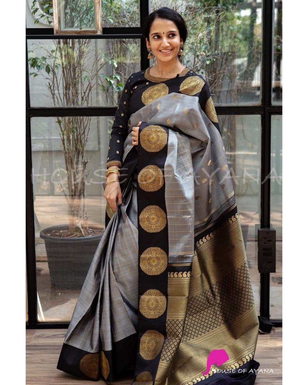 Vivid Grey Color Banarasi Soft Silk Saree With Blouse Piece