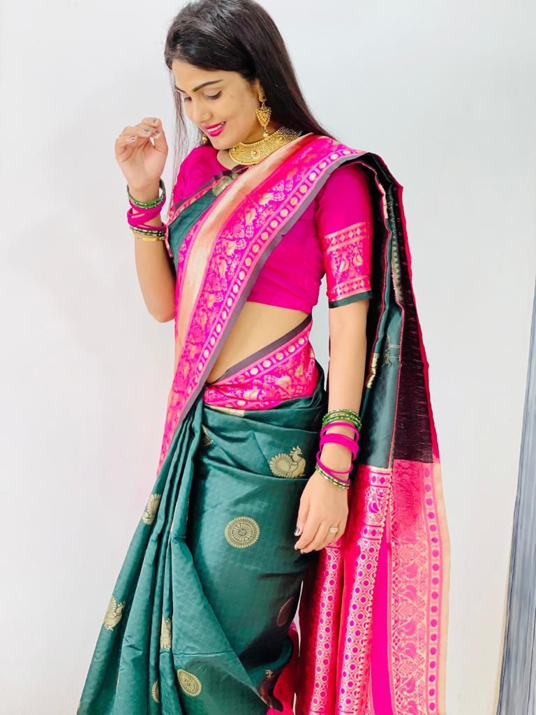 Enchanting Green Color Banarasi Soft Silk Saree With Blouse Piece