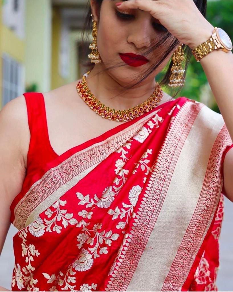 Attention Red Color Banarasi Soft Silk Saree With Blouse Piece