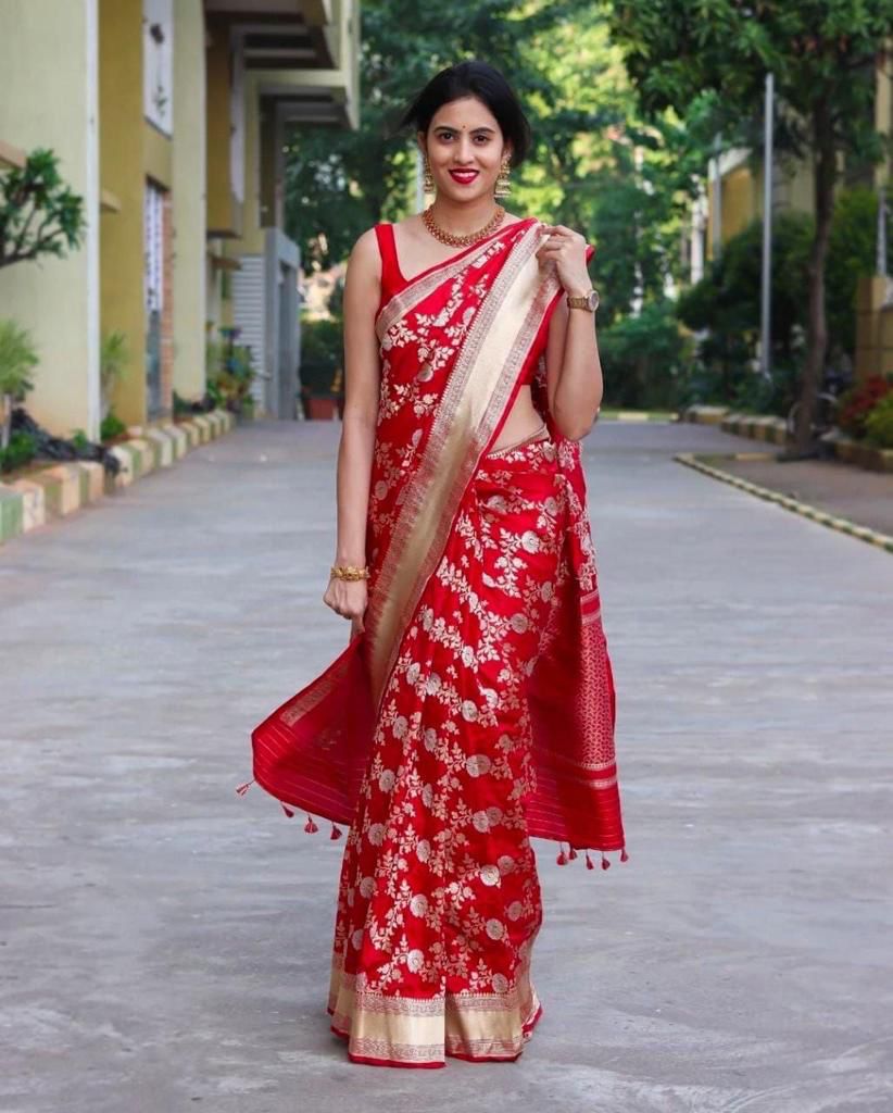 Attention Red Color Banarasi Soft Silk Saree With Blouse Piece