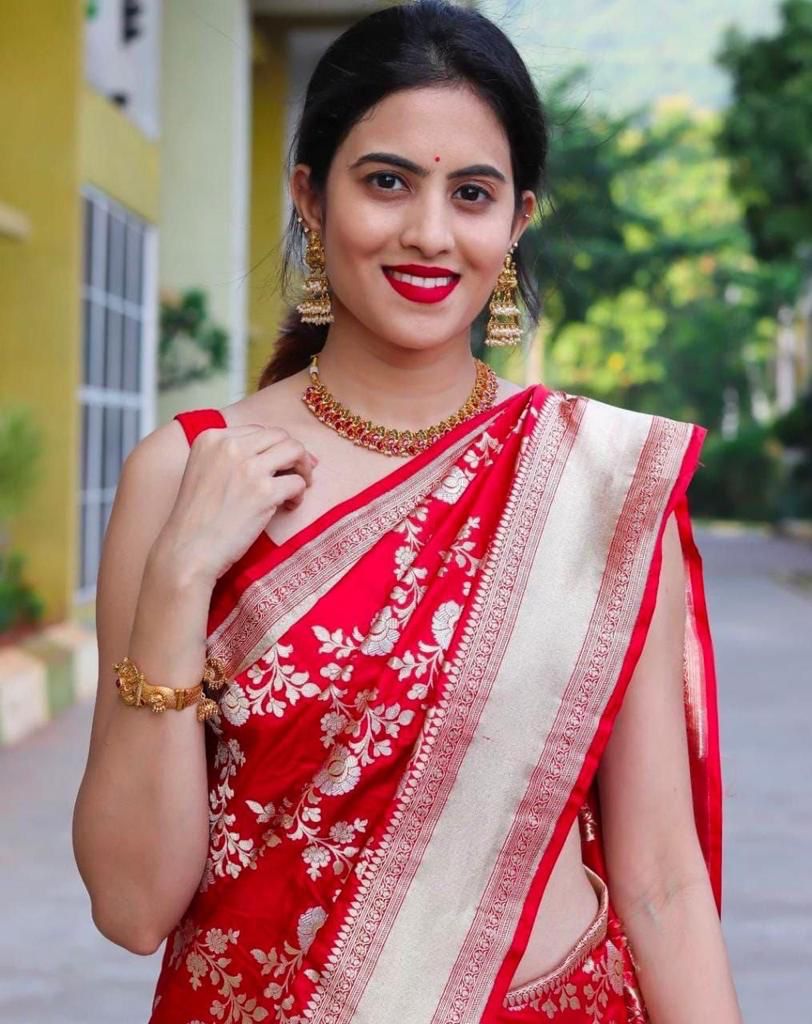 Attention Red Color Banarasi Soft Silk Saree With Blouse Piece