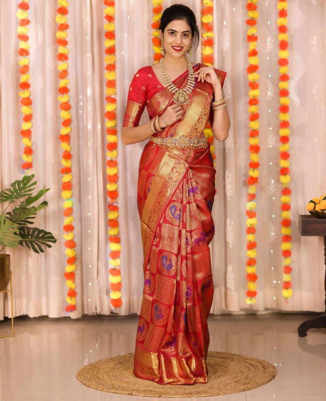 Striking Red Color Banarasi Soft Silk Saree With Blouse Piece